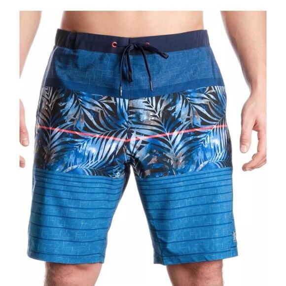 Men’s XL Hawaiian Swim Trunks Blue Red Stripe Surf Board Shorts UPF 50+ Beach - Picture 1 of 13